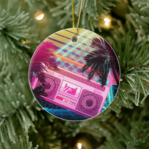 Funky 80s roze boombox met palmbomen keramisch ornament