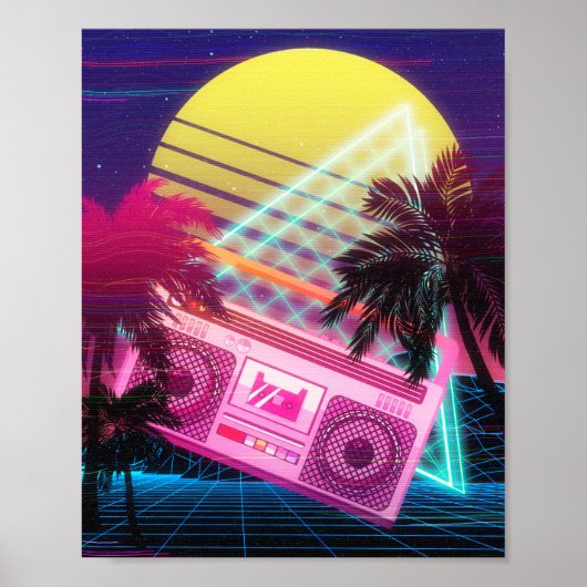 Funky 80s roze boombox met palmbomen poster (Voorkant)