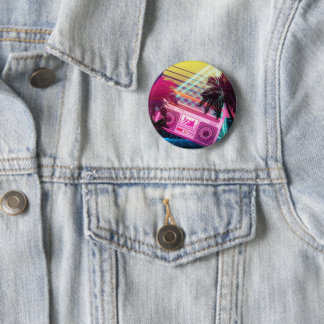 Funky 80s roze boombox met palmbomen ronde button 5,7 cm