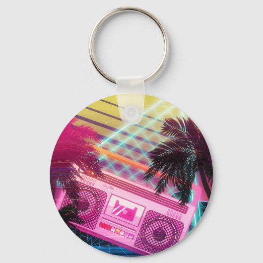 Funky 80s roze boombox met palmbomen sleutelhanger (Voorkant)