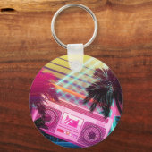 Funky 80s roze boombox met palmbomen sleutelhanger (Voorkant)