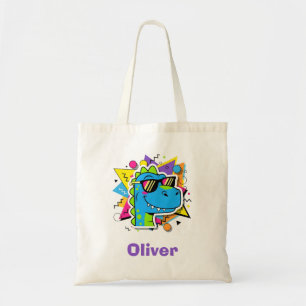 Funky 90s Dinosaur met Zonnebril Retro Geometrisch Tote Bag