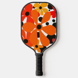 Funky, abstract, bloemetjes in sinaasappel & geel pickleball paddle