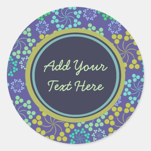 Funky Abstract Blue Floral Pattern Aangepaste teks Ronde Sticker (Voorkant)