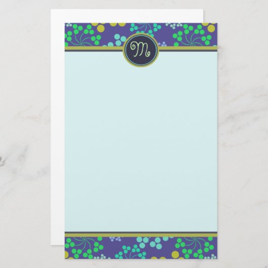 Funky Abstract Blue Floral Pattern Monogram Briefpapier (Voorkant / Achterkant)