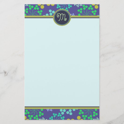 Funky Abstract Blue Floral Pattern Monogram Briefpapier (Voorkant)