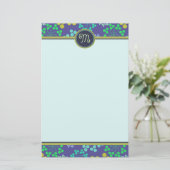 Funky Abstract Blue Floral Pattern Monogram Briefpapier (Staand voorkant)