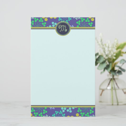 Funky Abstract Blue Floral Pattern Monogram Briefpapier (Staand voorkant)