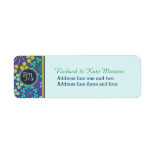 Funky Abstract Blue Floral Pattern Monogram Etiket