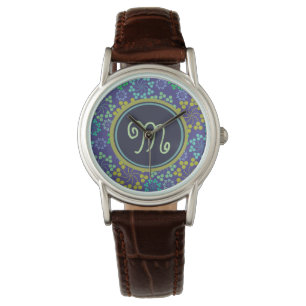 Funky Abstract Blue Floral Pattern Monogram Horloge