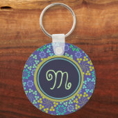 Funky Abstract Blue Floral Pattern Monogram Sleutelhanger (Achterkant)