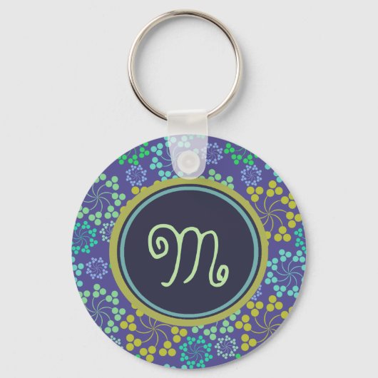 Funky Abstract Blue Floral Pattern Monogram Sleutelhanger (Achterkant)