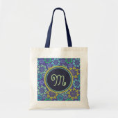 Funky Abstract Blue Floral Pattern Monogram Tote Bag (Voorkant)
