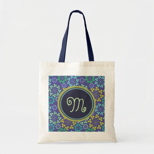 Funky Abstract Blue Floral Pattern Monogram Tote Bag (Voorkant)