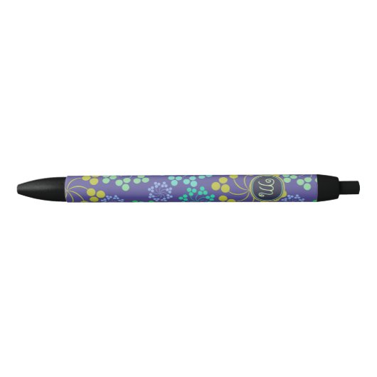 Funky Abstract Blue Floral Pattern Monogram Zwarte Inkt Pen (Voorkant)