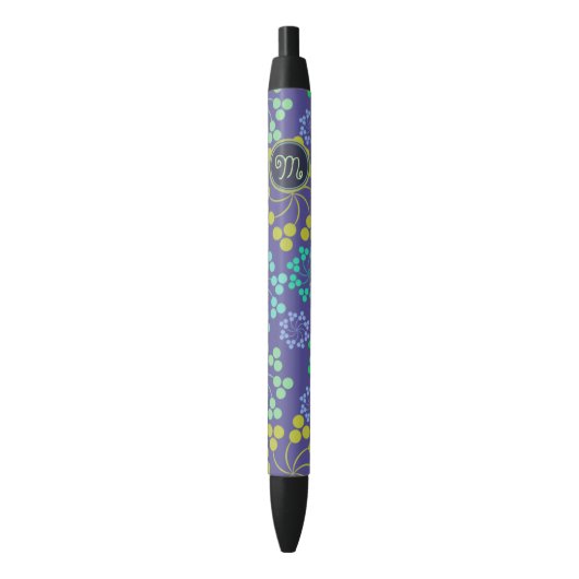 Funky Abstract Blue Floral Pattern Monogram Zwarte Inkt Pen (Voorkant Verticaal)