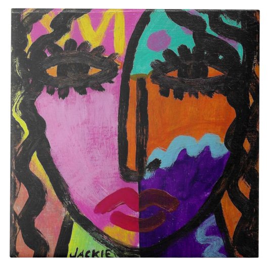 Funky Abstract Portret van een Vrouw Tegeltje (Voorkant)