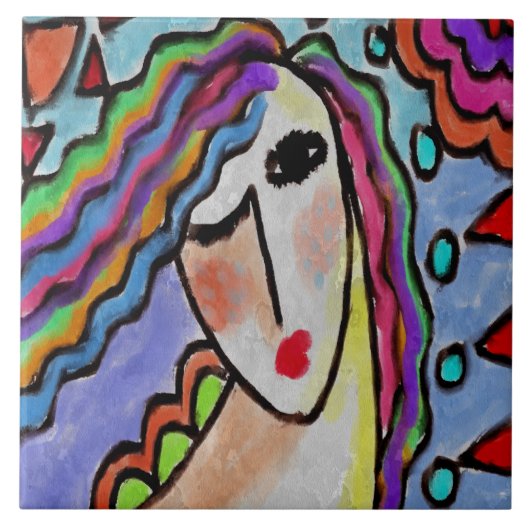 Funky Abstract portret van een vrouw Tegeltje (Voorkant)