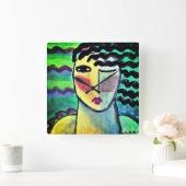 Funky Abstract portret van een vrouw Vierkante Klok (Huis)