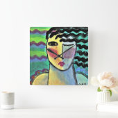 Funky Abstract portret van een Woman Square Wall C Vierkante Klok (Huis)