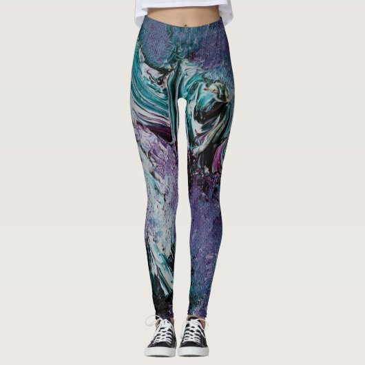 Funky Abstracte Art Leggings - Paars en groen (Voorkant)