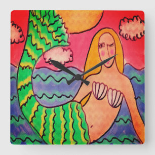 Funky Abstracte Art Mermaid Vierkante Klok
