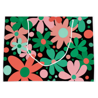 Funky, abstracte bloemetjes in groen & roze groot cadeauzakje