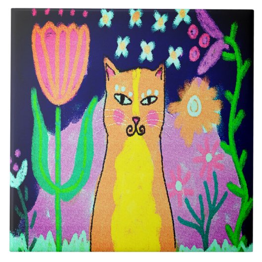 Funky Abstracte digitale kattenkunst Tegeltje (Voorkant)