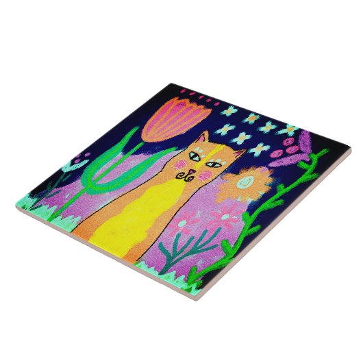 Funky Abstracte digitale kattenkunst Tegeltje (Zijkant)
