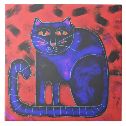 Funky Abstracte Katten Schilderij Tegeltje (Voorkant)