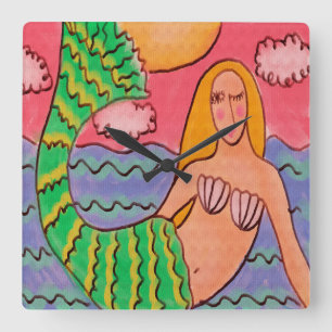 Funky Abstracte Kunstschildklier Mermaid Square Wa Vierkante Klok