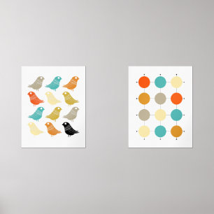 Funky Abstracte Vogels en Grid Mid Century Modern Muurkunst Sets