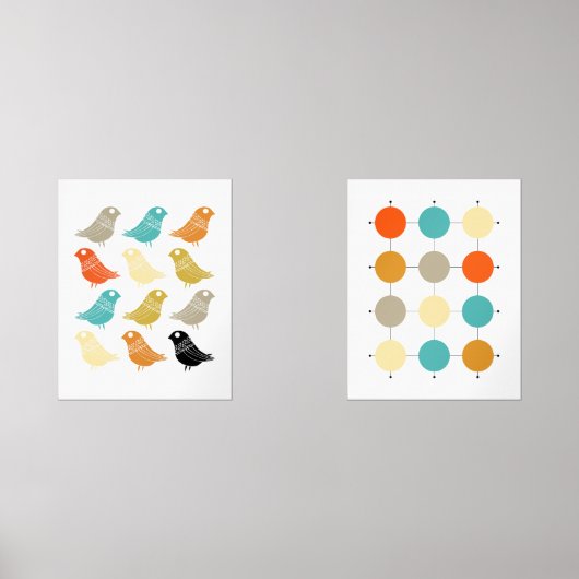 Funky Abstracte Vogels en Grid Mid Century Modern Muurkunst Sets (Voorkant)