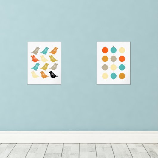 Funky Abstracte Vogels en Grid Mid Century Modern Muurkunst Sets (Houten vloer)