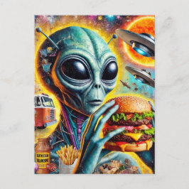 Funky Alien Eats Cheeseburger en Fries Collage Briefkaart