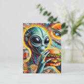 Funky Alien Eats Cheeseburger en Fries Collage Briefkaart (Staand voorkant)