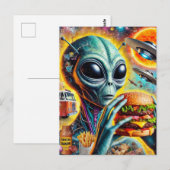 Funky Alien Eats Cheeseburger en Fries Collage Briefkaart (Voorkant / Achterkant)