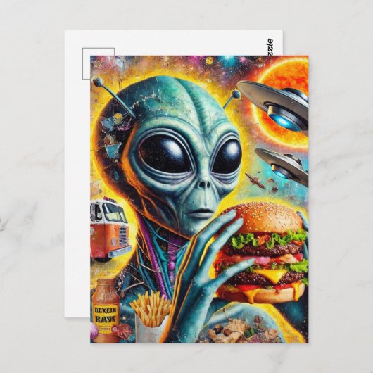 Funky Alien Eats Cheeseburger en Fries Collage Briefkaart (Voorkant / Achterkant)