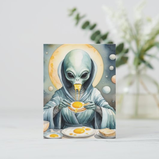 Funky Alien Eats Fried Eggs Runny Yolks Waterverf Briefkaart (Staand voorkant)