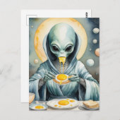 Funky Alien Eats Fried Eggs Runny Yolks Waterverf Briefkaart (Voorkant / Achterkant)