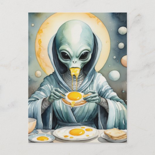 Funky Alien Eats Fried Eggs Runny Yolks Waterverf Briefkaart (Voorkant)