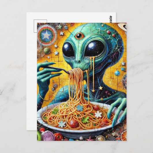 Funky Alien Eten Spaghetti Briefkaart (Voorkant / Achterkant)