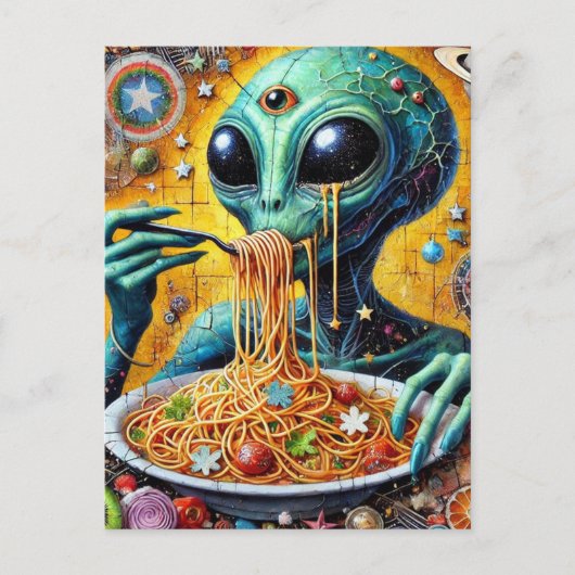 Funky Alien Eten Spaghetti Briefkaart (Voorkant)