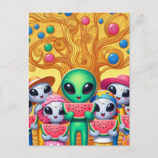 Funky Aliens Eten Watermeloen Briefkaart (Voorkant)