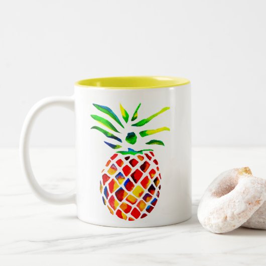 Funky ananas coole kunst tweekleurige koffiemok (Met donut)