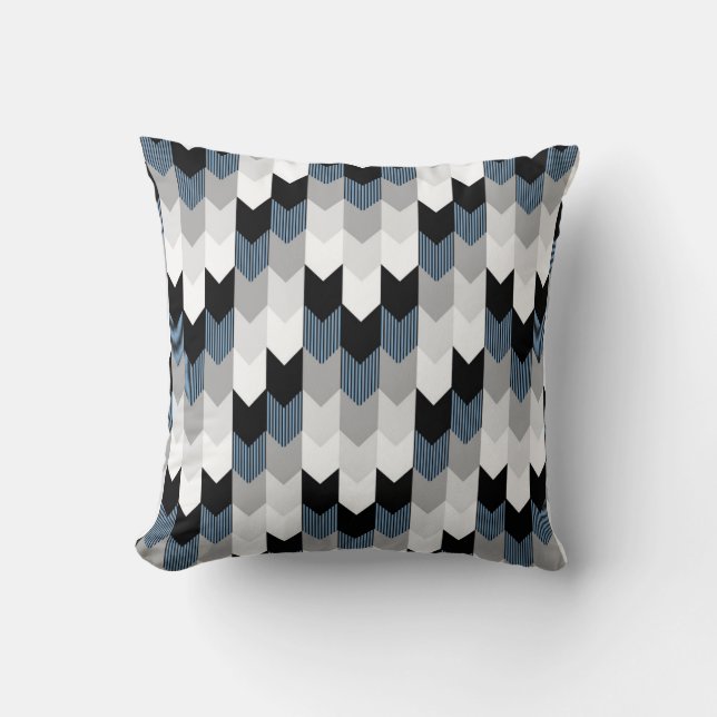 Funky Arrow Chevron Stripes Zwart Grijs Blauw Wit Kussen (Voorkant)