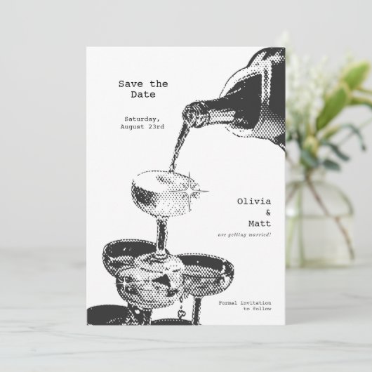 Funky Bewaar de datum Retro Champagne Tower Y2K Kaart (Staand voorkant)