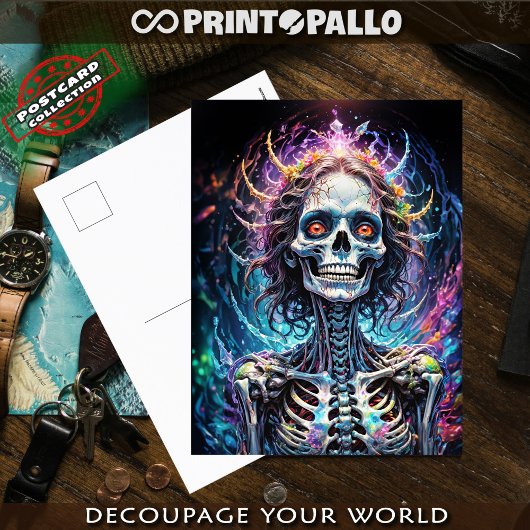 Funky bizarre gelukkige skelet vrouw Elysium Briefkaart