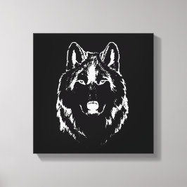 Funky Black and White Wolf Face Head Sketch Canvas Afdruk