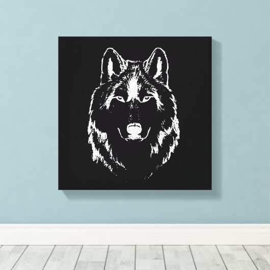 Funky Black and White Wolf Face Head Sketch Canvas Afdruk (Insitu (Houten vloer))